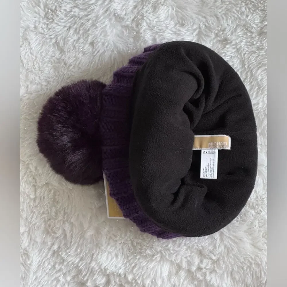 NWT - Michael Michael Kors - Women`s Cable Knit Teddy Fleece Faux Fur Pom Po…